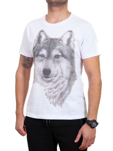 Biały męski t-shirt z motywem wilka