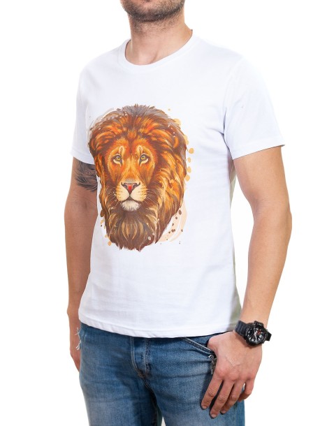 Biały męski t-shirt z motywem lwa