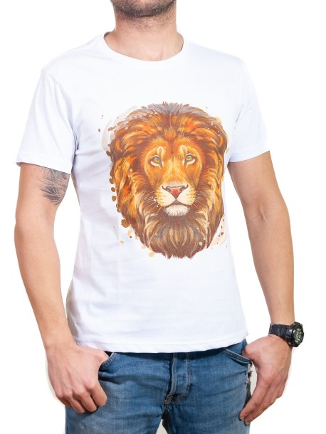 Biały męski t-shirt z motywem lwa