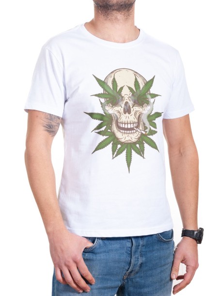 Biały męski t-shirt z motywem marihuany