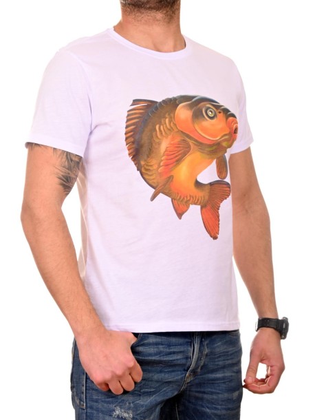 Biały męski t-shirt z nadrukiem karpia
