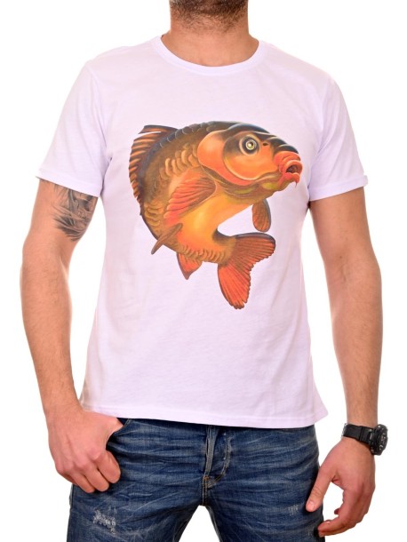 Biały męski t-shirt z nadrukiem karpia