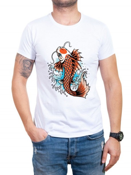 Biały męski t-shirt z motywem ryby Yakuza
