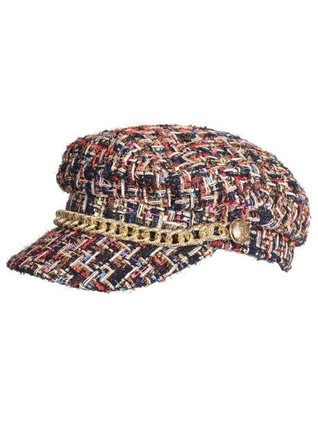 Elegancki damski beret w kolorze, ozdobiony dekoracją